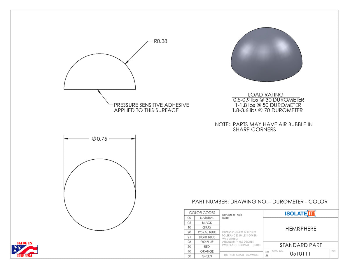 Vibration isolating hemisphere 0510110-30-10 0510110-50-10 0510110-70-10